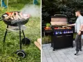 Grill gazowy czy węglowy? Po lewej tradycyjny grill węglowy z kiełbaskami i warzywami, po prawej nowoczesny grill gazowy z mężczyzną przygotowującym jedzenie.