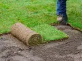 Układanie rolki trawy na przygotowanym podłożu. Sianie trawy w rolkach to szybki sposób na piękny trawnik.
