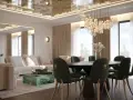 Elegancki salon z zielonymi krzesłami i sofą. Sufit napinany wady? Ten lśniący sufit z ozdobnym wzorem dodaje luksusu, ale czy są jakieś ukryte wady?