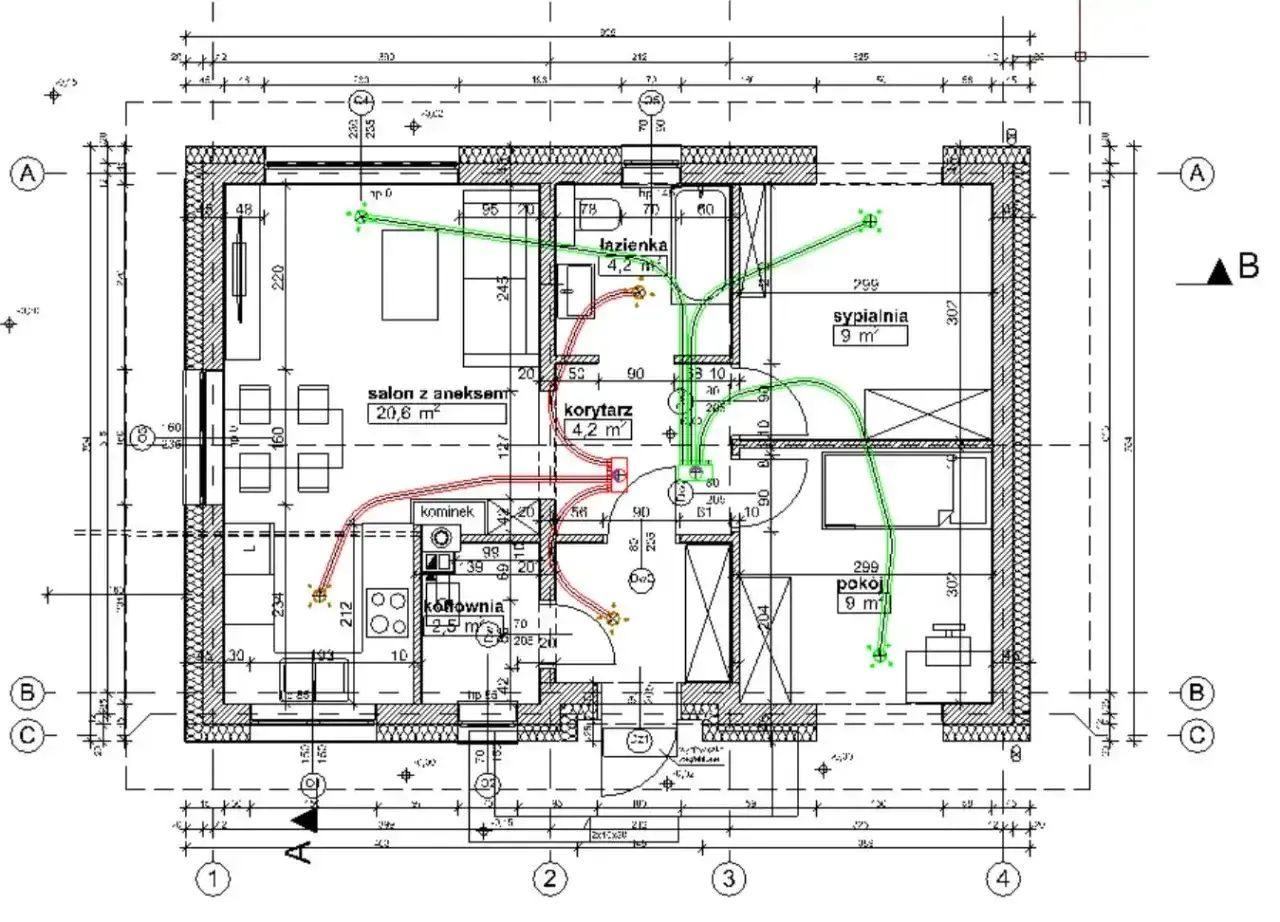 Plan mieszkania z zaznaczoną wentylacją w domu. Zielone linie pokazują nawiew, czerwone wywiew.