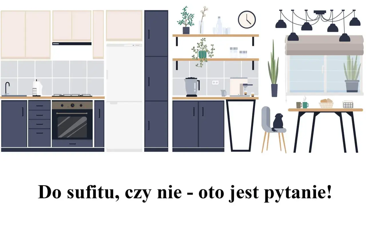 Nowoczesna kuchnia z ciemnogranatowymi szafkami i jasnymi blatami. Zastanawiasz się nad wymiarami szafek kuchennych do sufitu?