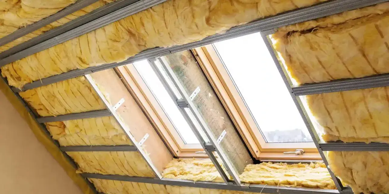 Ocieplenie poddasza z wełny mineralnej w trakcie montażu. Widać okna dachowe i metalowy stelaż.