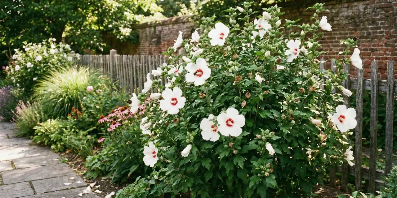 Piękny, kwitnący hibiskus krzew z białymi kwiatami i czerwonymi środkami, otoczony zielenią i kamienną ścieżką.