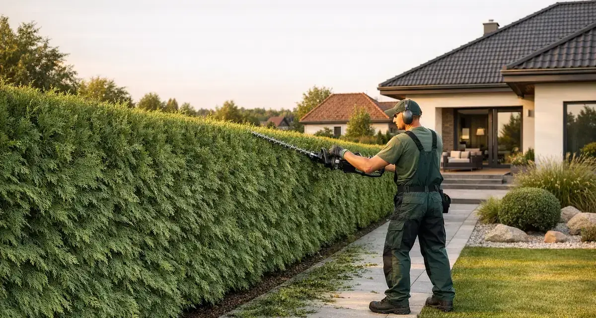 Ogrodnik przycina żywopłot z tui, dbając o jego kształt i wysokość. Idealny czas na przycinanie tui na wysokość to wiosna lub wczesne lato.