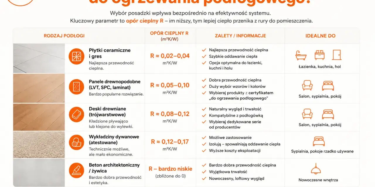 Tabela porównująca rodzaje podłóg do ogrzewania podłogowego, uwzględniająca opór cieplny i koszty ogrzewania.