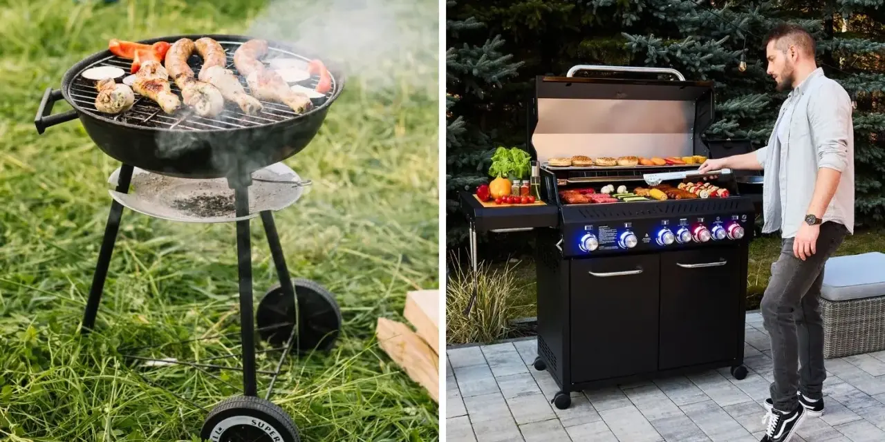 Grill gazowy czy węglowy? Po lewej tradycyjny grill węglowy z kiełbaskami i warzywami, po prawej nowoczesny grill gazowy z mężczyzną przygotowującym jedzenie.