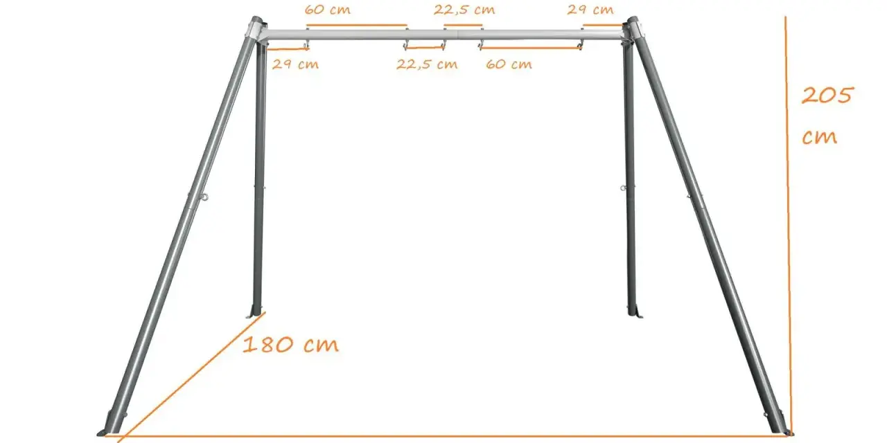 Wymiary huśtawki ogrodowej: szerokość 310 cm, głębokość 180 cm, wysokość 205 cm. Idealna do zrobienia huśtawki.