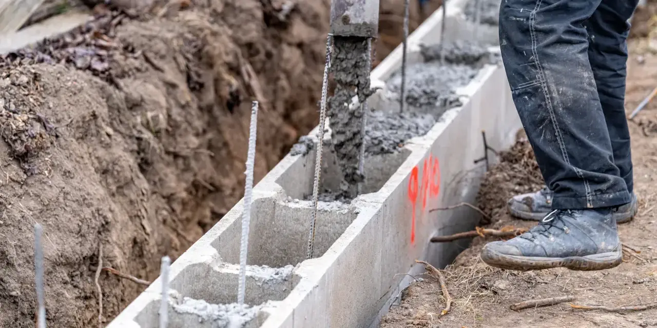 Beton wylewany do szalunku z bloczków betonowych, zbrojenie wystaje. Budowa fundamentów w toku.