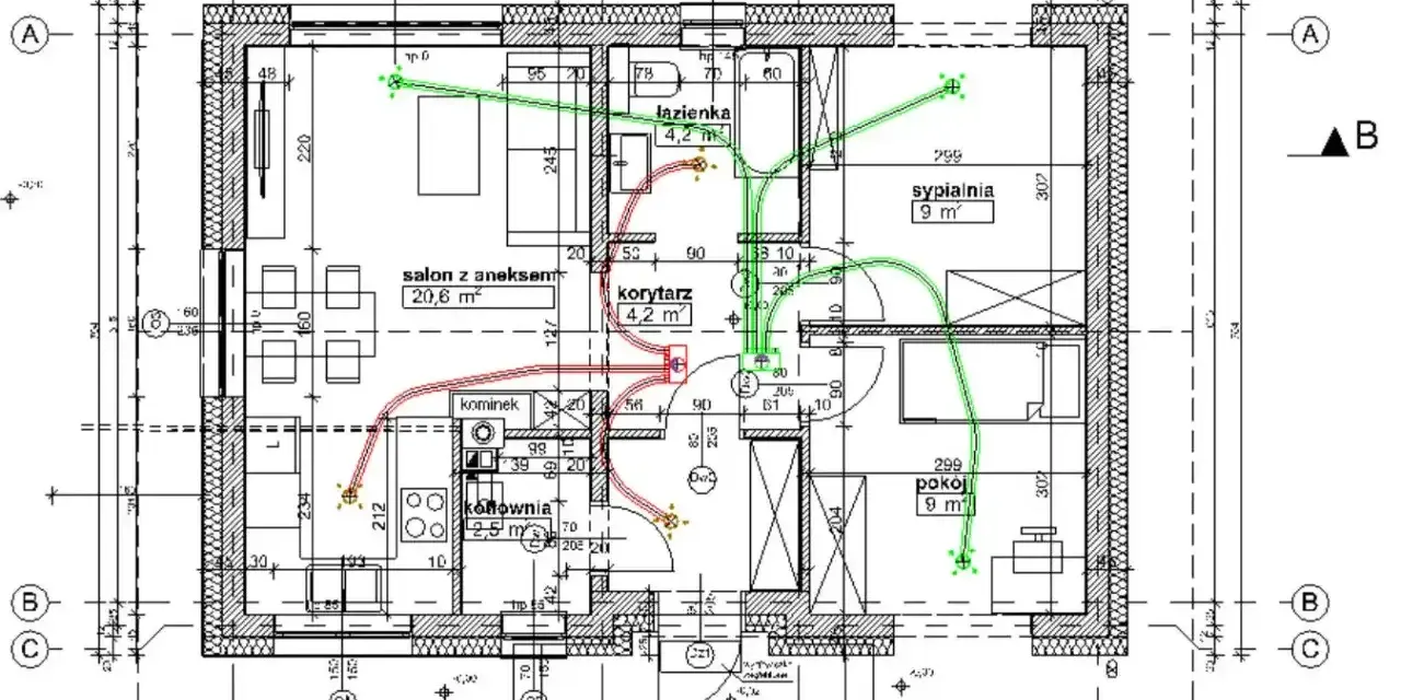 Plan mieszkania z zaznaczoną wentylacją w domu. Zielone linie pokazują nawiew, czerwone wywiew.