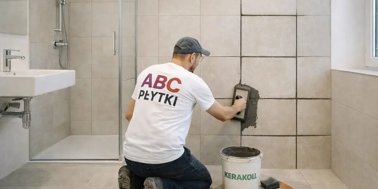 Fachowiec nakłada fugę na płytki w łazience.