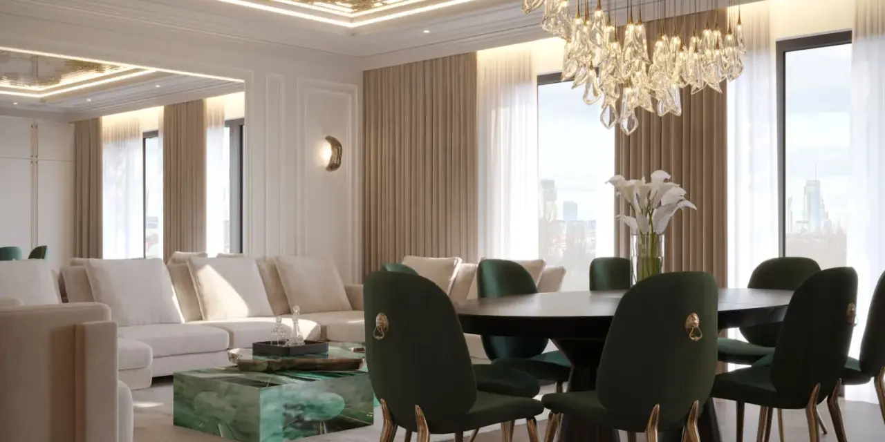Elegancki salon z zielonymi krzesłami i sofą. Sufit napinany wady? Ten lśniący sufit z ozdobnym wzorem dodaje luksusu, ale czy są jakieś ukryte wady?