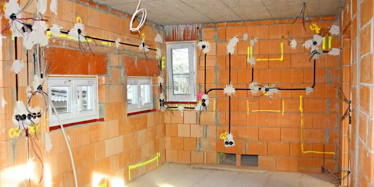 Rozprowadzona instalacja elektryczna w nowym budynku z cegły. Widoczne przewody, puszki i oznaczenia na ścianach.