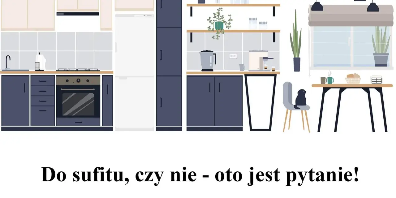 Nowoczesna kuchnia z ciemnogranatowymi szafkami i jasnymi blatami. Zastanawiasz się nad wymiarami szafek kuchennych do sufitu?
