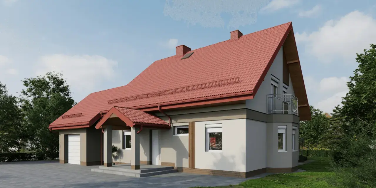 Nowoczesny dom z czerwonym dachem i jasną elewacją. Solidny cokół na elewacji chroni ściany przed wilgocią.