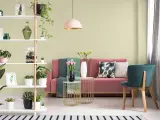 Salon z różową kanapą, zielonymi akcentami i roślinami. Ściany w subtelnym kolorze pistacjowym tworzą przytulną atmosferę.