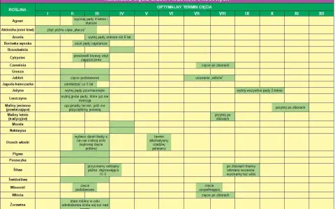 Kalendarz cięcia drzew i krzewów owocowych: Agrest, Aronia, Borówka, Brzoskwinia, Cytryniec, Czereśnia, Grusza, Jabłoń, Jagoda kamczacka, Jeżyna, Leszczyna, Maliny, Morela, Nektaryna, Orzech włoski, Pigwa, Porzeczka, Śliwa, Świdośliwa, Winorośl, Wiśnia...