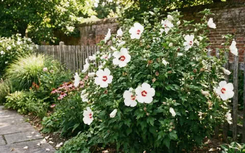 Piękny, kwitnący hibiskus krzew z białymi kwiatami i czerwonymi środkami, otoczony zielenią i kamienną ścieżką.
