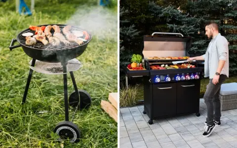 Grill gazowy czy węglowy? Po lewej tradycyjny grill węglowy z kiełbaskami i warzywami, po prawej nowoczesny grill gazowy z mężczyzną przygotowującym jedzenie.