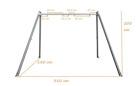 Wymiary huśtawki ogrodowej: szerokość 310 cm, głębokość 180 cm, wysokość 205 cm. Idealna do zrobienia huśtawki.