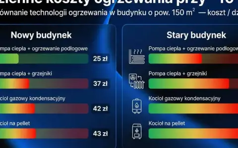 Porównanie dziennych kosztów ogrzewania w nowym i starym budynku. Wykres pokazuje, że pompa ciepła z ogrzewaniem podłogowym jest najtańsza.