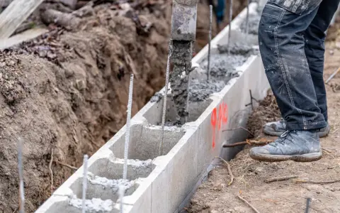 Beton wylewany do szalunku z bloczków betonowych, zbrojenie wystaje. Budowa fundamentów w toku.