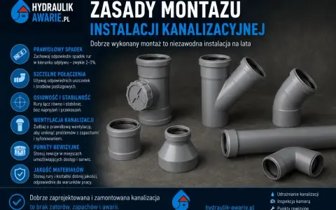 Szare **piony** i kształtki kanalizacyjne, obok zasad montażu instalacji.