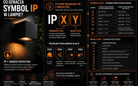 Lampa zewnętrzna z oznaczeniem IP44 chroni przed bryzgami wody i ciałami stałymi.