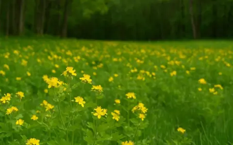 Łąka pełna żółtych kwiatów, przypominających jaskółczy ogon, na tle zielonego lasu.