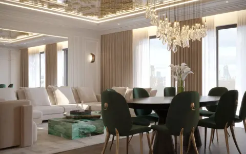 Elegancki salon z zielonymi krzesłami i sofą. Sufit napinany wady? Ten lśniący sufit z ozdobnym wzorem dodaje luksusu, ale czy są jakieś ukryte wady?