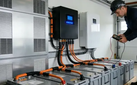 Instalacja magazynu energii 10kW. Technik sprawdza połączenia z akumulatorami. Sprawdź magazyn energii 10kw cena.