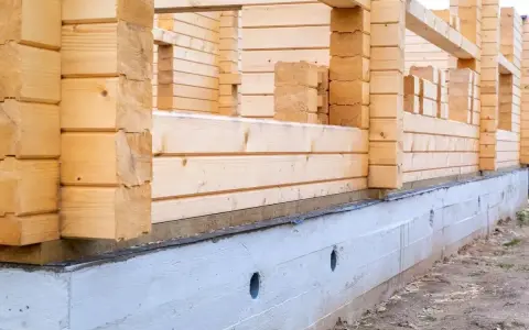 Budowa domu z bali w 2025 roku. Fundament i ściany z drewna w trakcie wznoszenia.