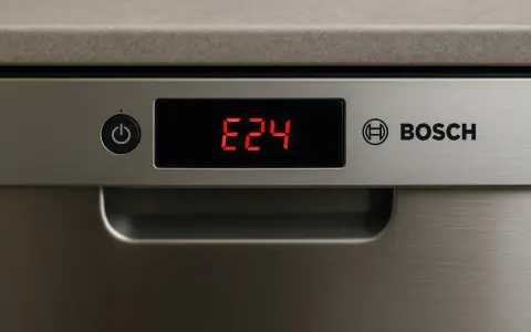 Wyświetlacz zmywarki Bosch pokazuje błąd E24. Czerwone cyfry E24 na czarnym tle obok przycisku zasilania.