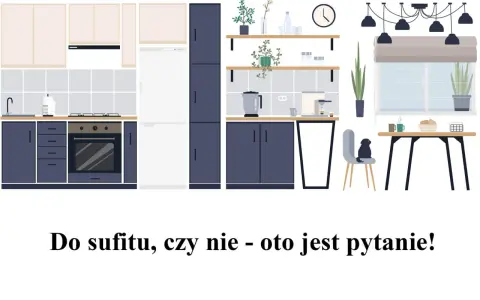 Nowoczesna kuchnia z ciemnogranatowymi szafkami i jasnymi blatami. Zastanawiasz się nad wymiarami szafek kuchennych do sufitu?