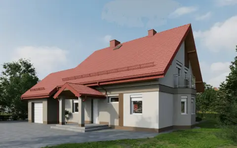 Nowoczesny dom z czerwonym dachem i jasną elewacją. Solidny cokół na elewacji chroni ściany przed wilgocią.
