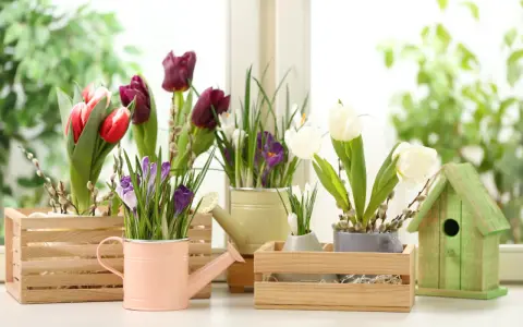 Wiosenne tulipany i krokusy w drewnianych skrzynkach i konewkach, obok zielonego domku dla ptaków.