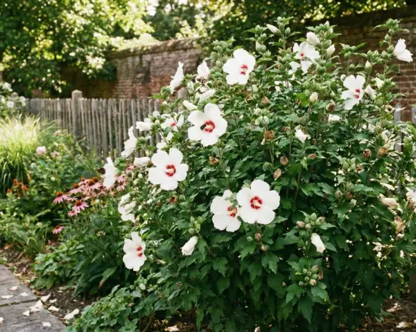 Piękny, kwitnący hibiskus krzew z białymi kwiatami i czerwonymi środkami, otoczony zielenią i kamienną ścieżką.