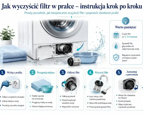 Instrukcja, jak wyczyścić filtr w pralce krok po kroku. Poradnik pokazuje, jak bezpiecznie usunąć zanieczyszczenia i poprawić działanie pralki.