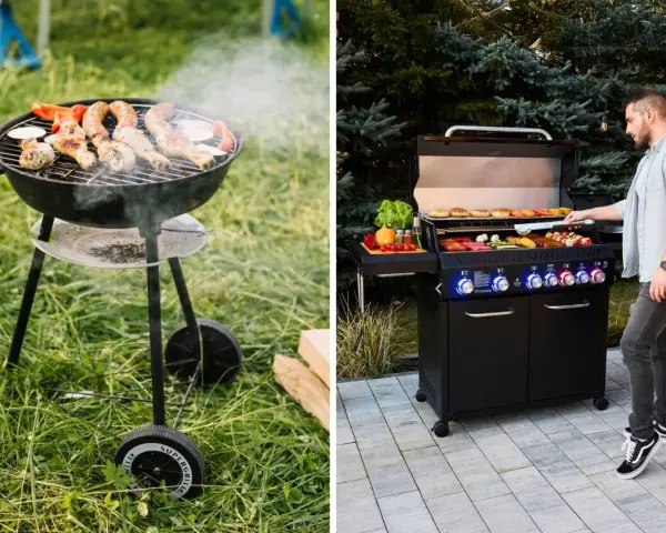 Grill gazowy czy węglowy? Po lewej tradycyjny grill węglowy z kiełbaskami i warzywami, po prawej nowoczesny grill gazowy z mężczyzną przygotowującym jedzenie.