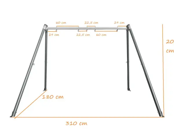 Wymiary huśtawki ogrodowej: szerokość 310 cm, głębokość 180 cm, wysokość 205 cm. Idealna do zrobienia huśtawki.