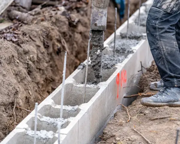 Beton wylewany do szalunku z bloczków betonowych, zbrojenie wystaje. Budowa fundamentów w toku.