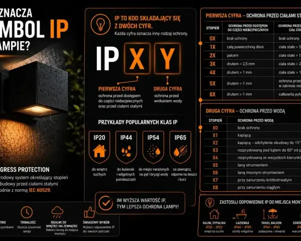 Lampa zewnętrzna z oznaczeniem IP44 chroni przed bryzgami wody i ciałami stałymi.