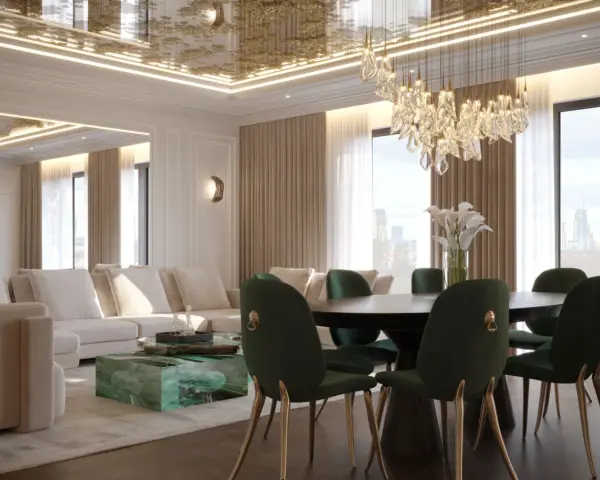 Elegancki salon z zielonymi krzesłami i sofą. Sufit napinany wady? Ten lśniący sufit z ozdobnym wzorem dodaje luksusu, ale czy są jakieś ukryte wady?