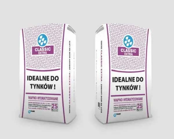 Dwie torby z napisem "Classic Extra" i informacją "Wapno budowlane idealne do tynków". Worek zawiera wapno hydratyzowane.