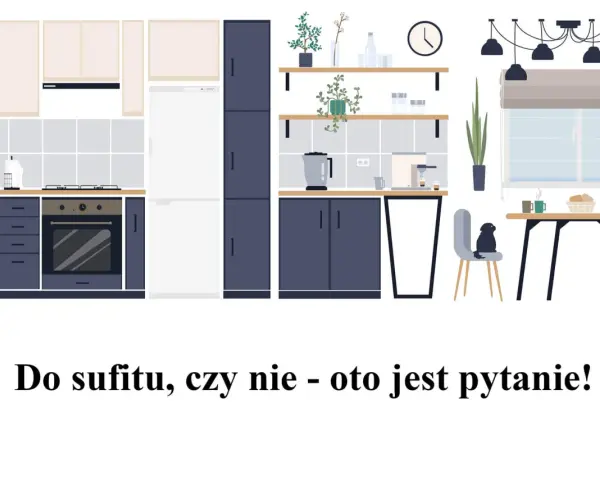 Nowoczesna kuchnia z ciemnogranatowymi szafkami i jasnymi blatami. Zastanawiasz się nad wymiarami szafek kuchennych do sufitu?