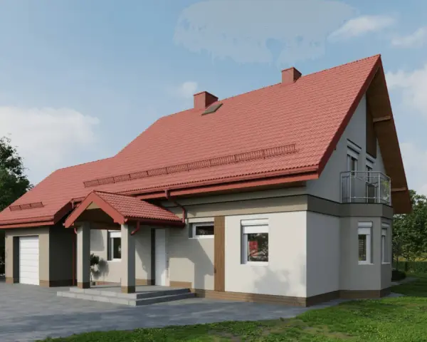 Nowoczesny dom z czerwonym dachem i jasną elewacją. Solidny cokół na elewacji chroni ściany przed wilgocią.