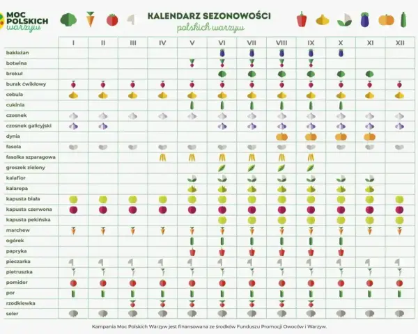 Kalendarz sezonowości polskich warzyw: kiedy siać warzywa, od bakłażana po selera, z ikonami wskazującymi miesiące.