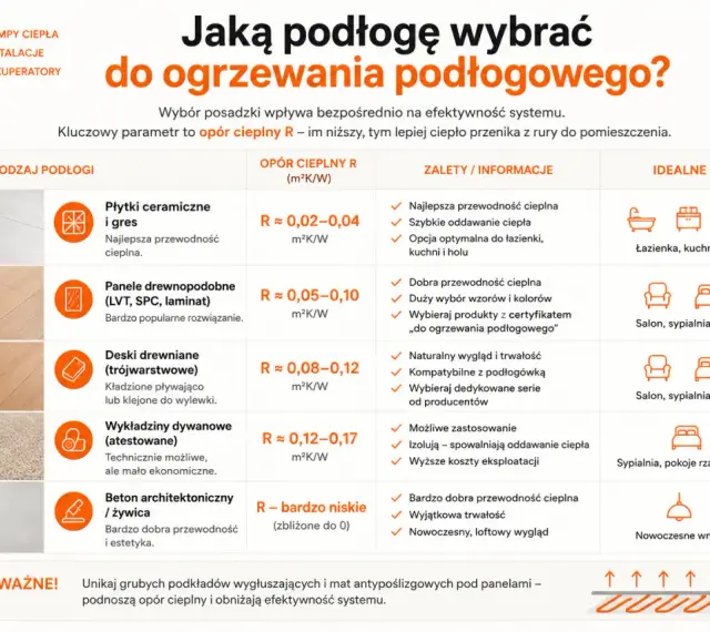 Tabela porównująca rodzaje podłóg do ogrzewania podłogowego, uwzględniająca opór cieplny i koszty ogrzewania.