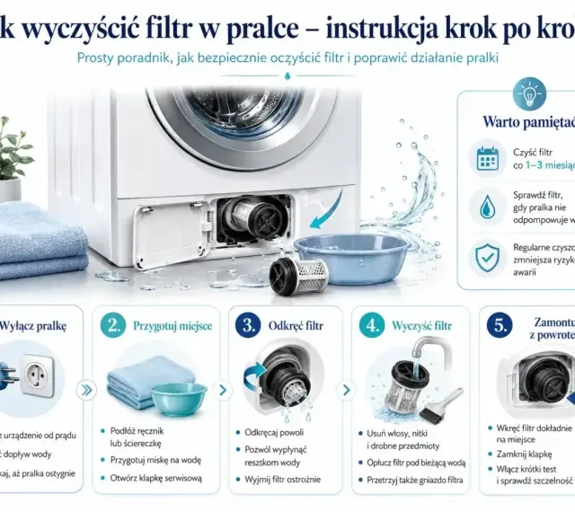 Instrukcja, jak wyczyścić filtr w pralce krok po kroku. Poradnik pokazuje, jak bezpiecznie usunąć zanieczyszczenia i poprawić działanie pralki.