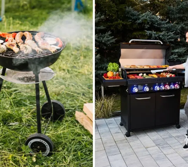 Grill gazowy czy węglowy? Po lewej tradycyjny grill węglowy z kiełbaskami i warzywami, po prawej nowoczesny grill gazowy z mężczyzną przygotowującym jedzenie.
