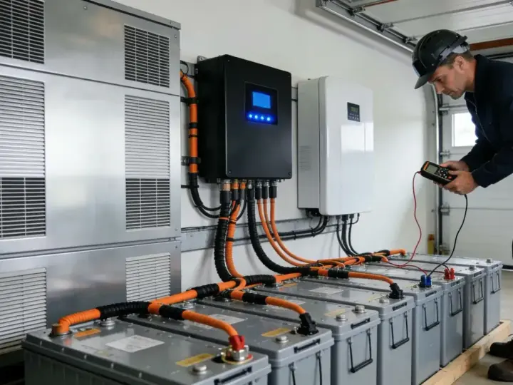 Instalacja magazynu energii 10kW. Technik sprawdza połączenia z akumulatorami. Sprawdź magazyn energii 10kw cena.
